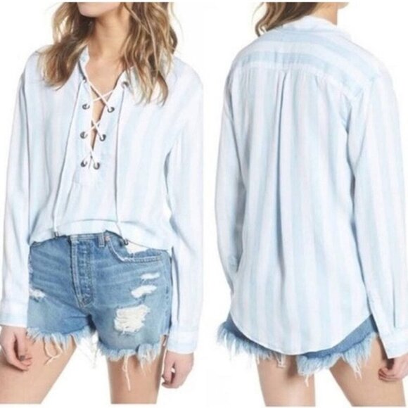 Rails Uli Corset Striped Lace Up Lyocell Long  Sleeve Blouse Ladies XS BEACHY - Picture 1 of 7
